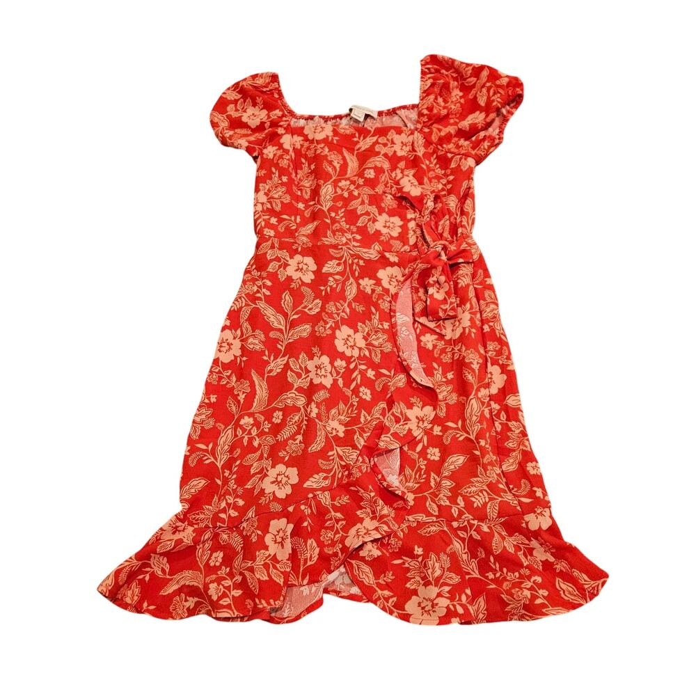 Monteau Los Angeles Coral Floral Wrap Dress Women’s Medium Puff Sleeve